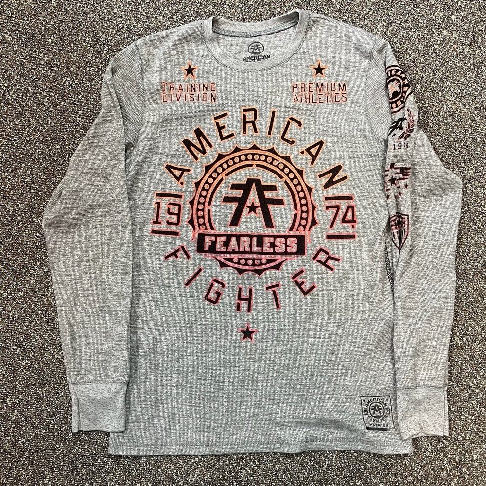 American Fighter Long Sleeve Men's Shirt Size L Gray Felt Orange Print Graphic